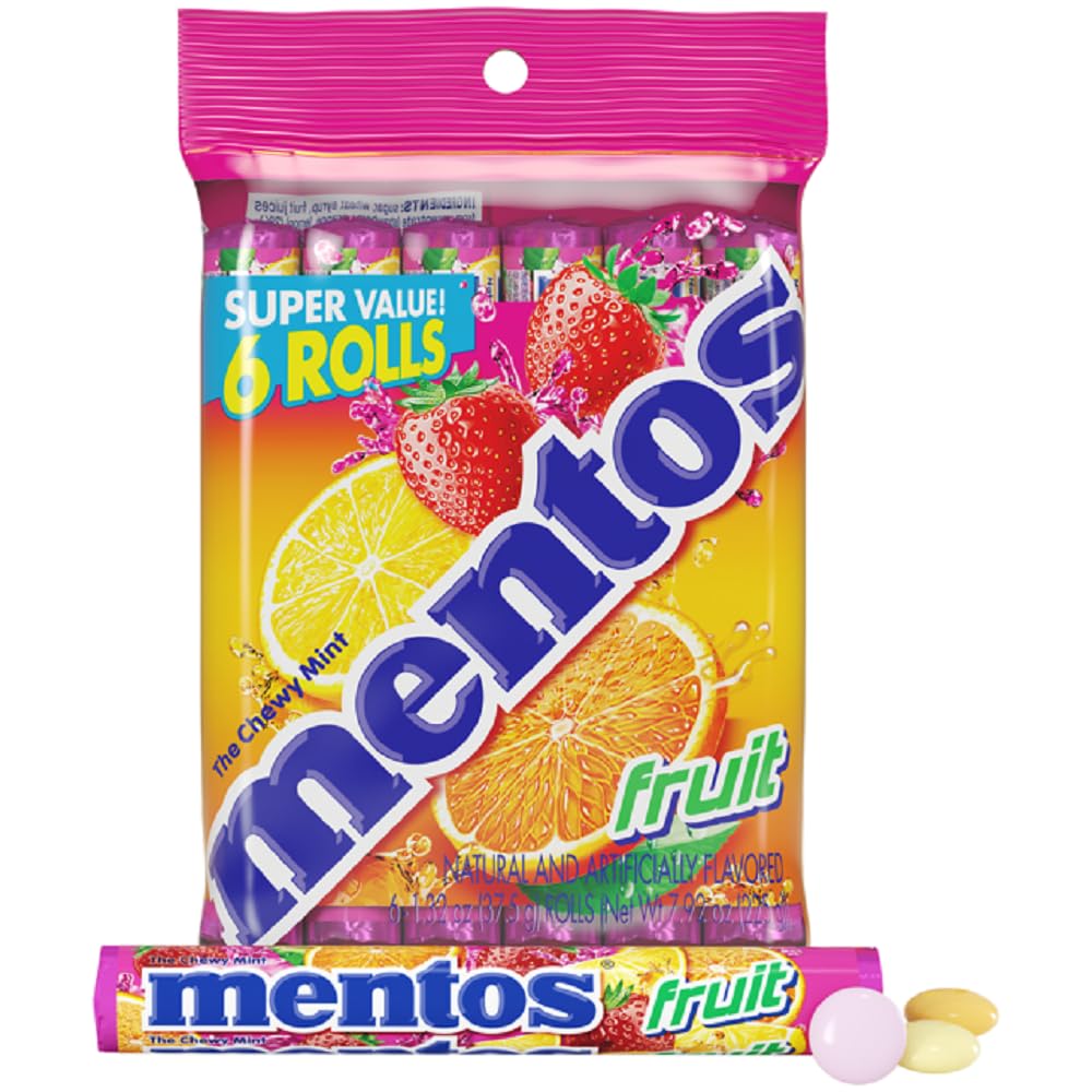 Mentos Candy, Mint Chewy Candy Roll, Fruit, Non-Melting, 1.32 Oz , 6 count(Pack of 1)