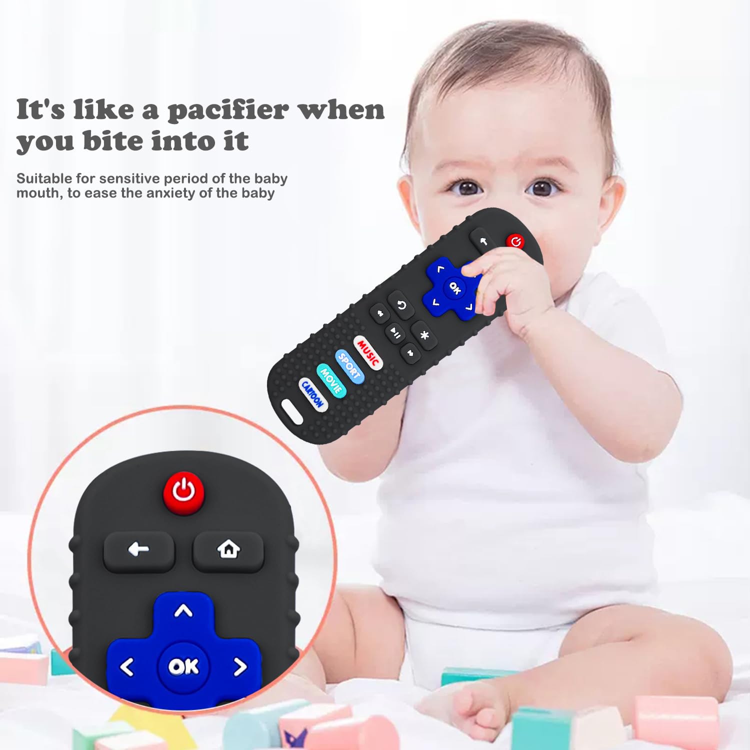 3 Pack Remote Control Shape Silicone Teethers for Babies Chew Toys, Teething Toys for Infant Toddlers,Baby Remote Control Toy (Black&Blue&Pink)