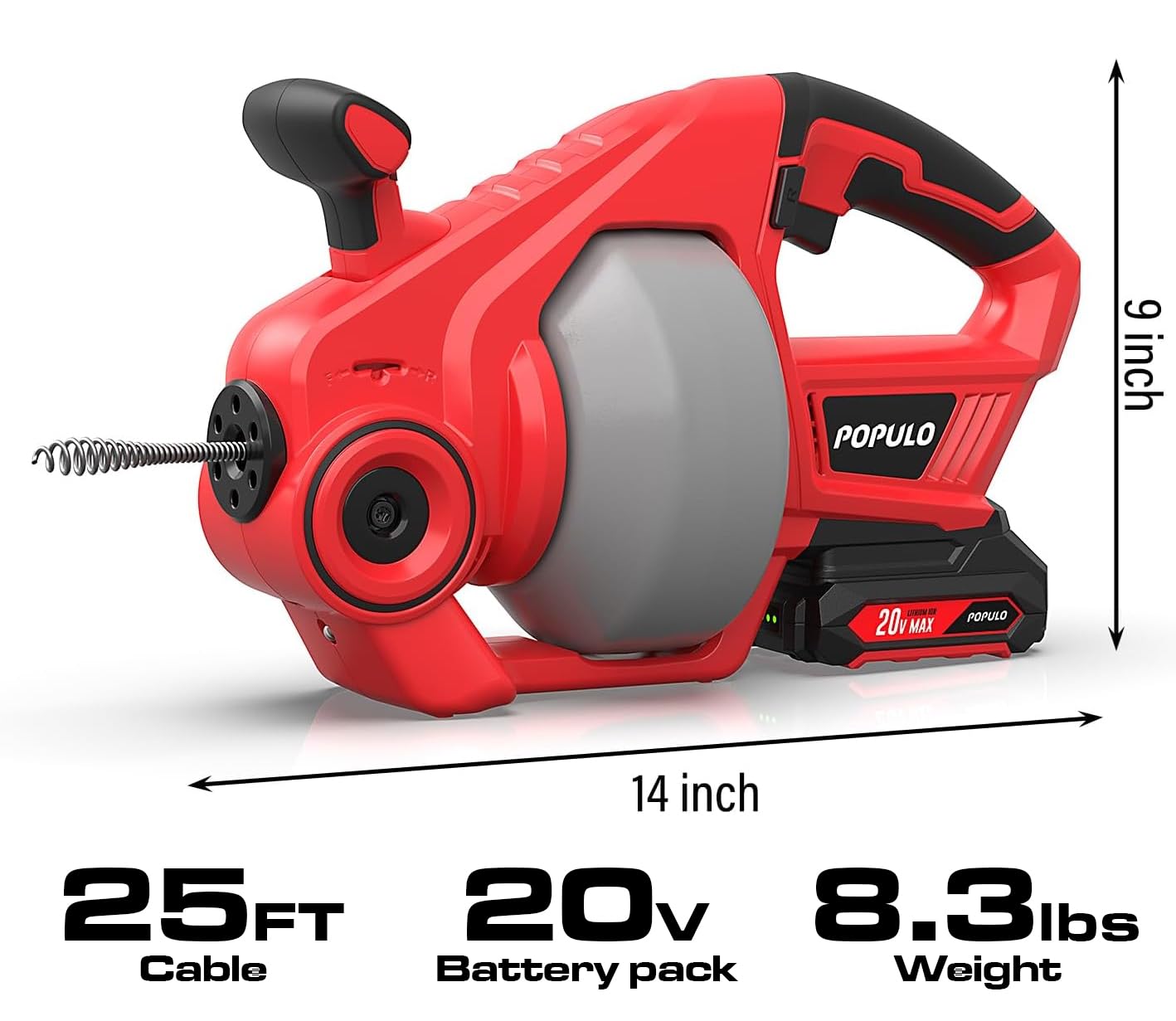 POPULO 20V Cordless Electric Drain Auger-Efficient 25Ft Auto-Feed Drain Snake with Replaceable Cable,2.0Ah Battery,Charger,Storage Bag & Gloves for Kitchen,Bathroom,Shower Pipes (3/4"-2")"