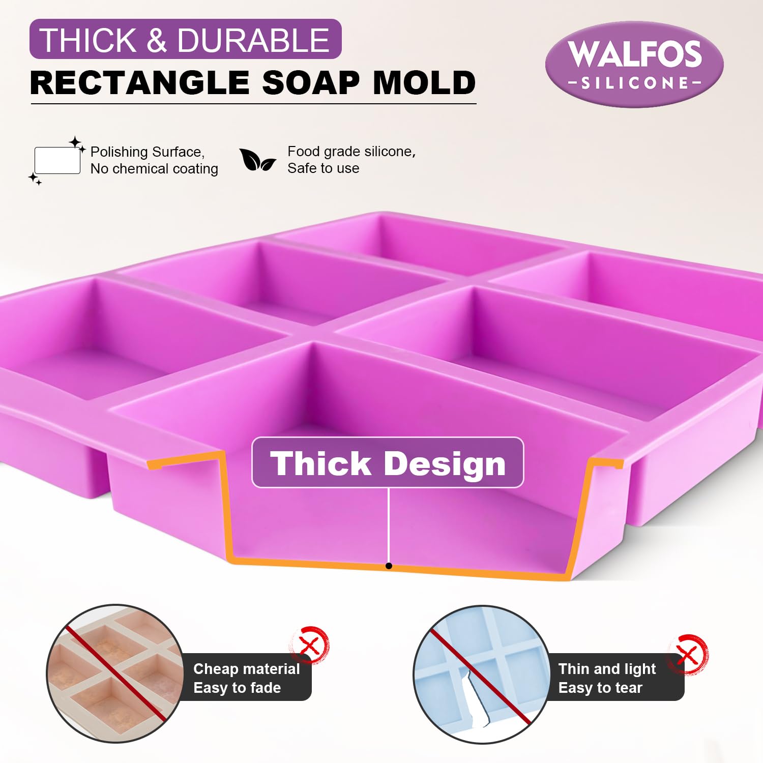 Walfos Silicone Soap Molds Set of 3, 6 Cavities Rectangle Silicone Soap Molds for Homemade Craft Soap Mold, Cake Mold, Chocolate Mold ＆ Ice Cube Tray（Blue & Purple ＆ Pink）