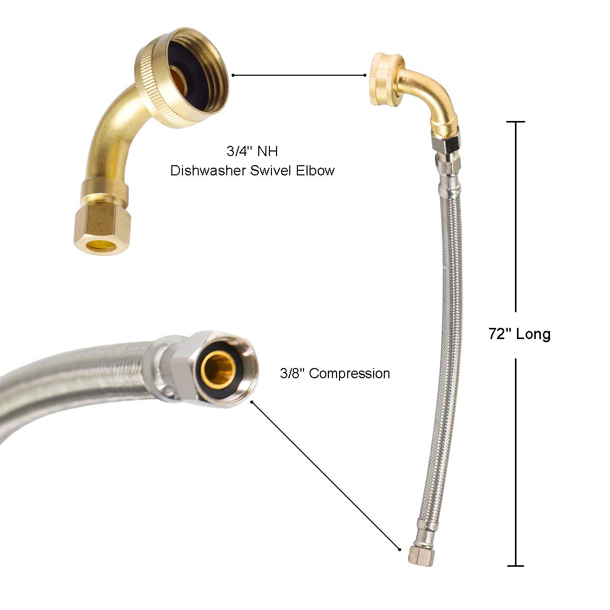 Hydro Master Braided Stainless Steel Dishwasher Connector with Elbow 72 inches 3/8" Comp x 3/8" Comp