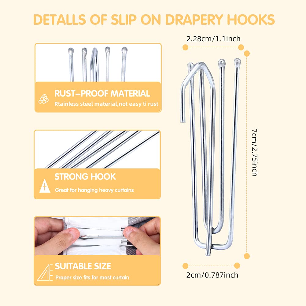 60PCS Stainless Steel Drapery Hook and Pin for Pleated Drapes 4 Prongs Pinch Pleat Clips Traverse Pleater 4 End Curtain Hangers for Window Door Bathroom Curtain