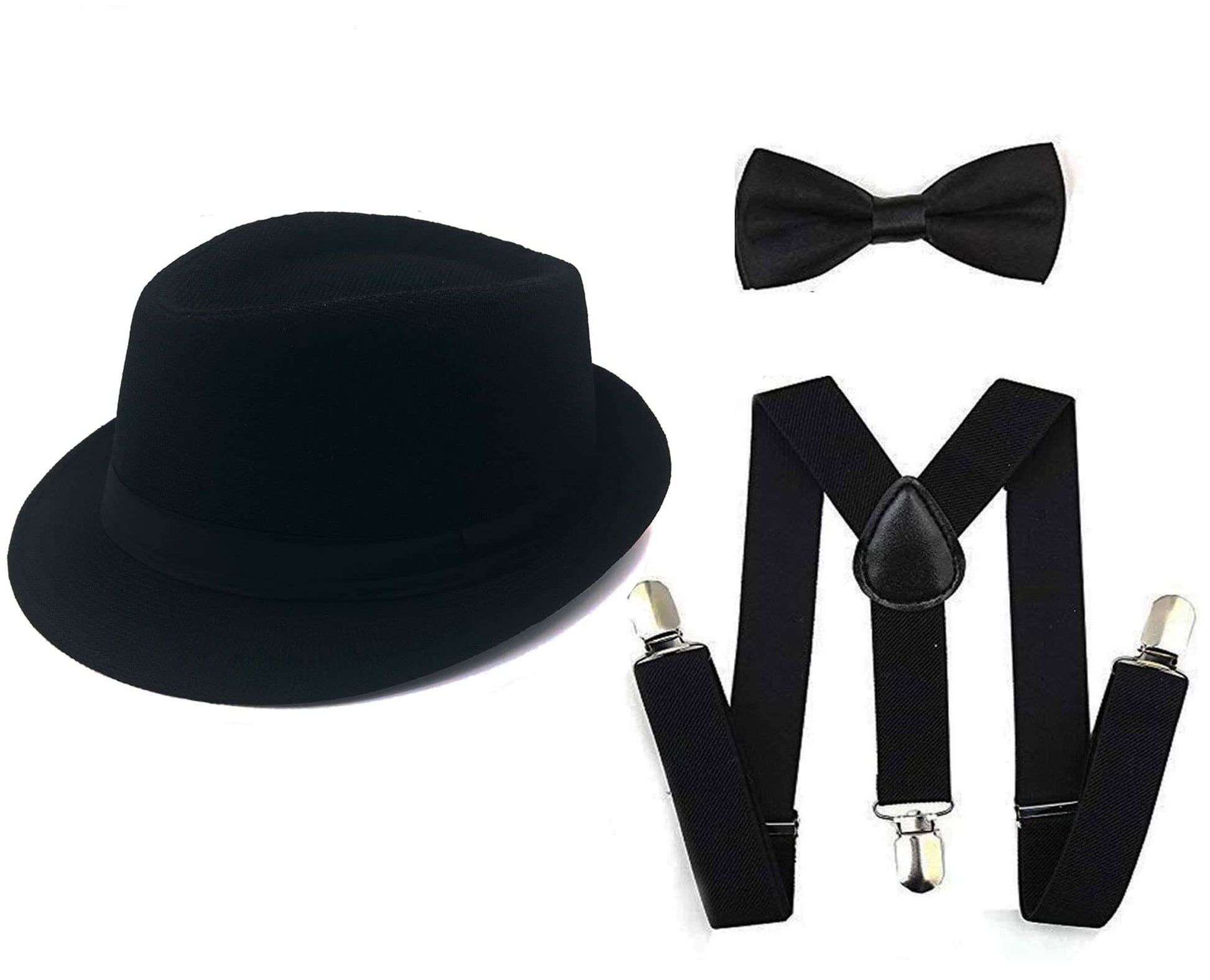 1920s mens Accessories Fedora Gangster Hat Costume Accessory Y-Back Suspenders & Pre Tied Bow Tie,Men's Roaring 20s Set Manhattan Hat