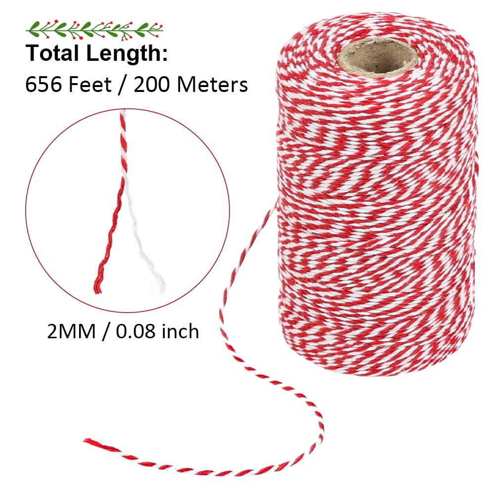 Tenn Well Red and White Twine, 656 Feet 200m Cotton Bakers Twine Ribbon for Baking, Butchers, Crafts, Gift Wrapping, Christmas Holiday Decorations