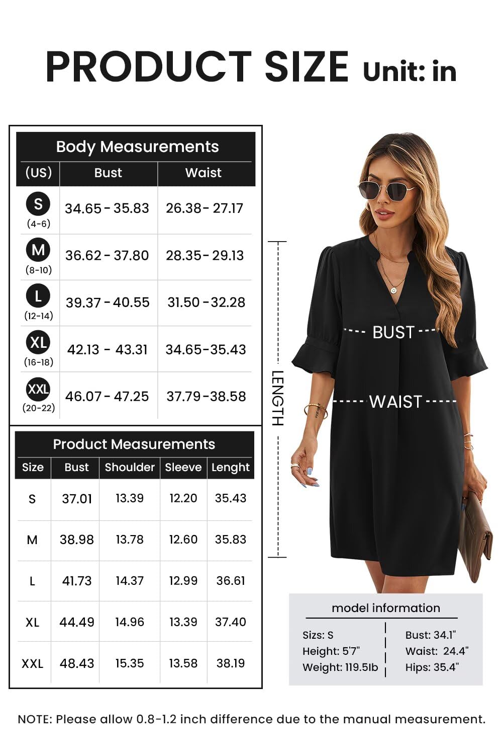 QACOHU Summer Dresses for Women 2025 Casual Ruffle Short Sleeve V-Neck Flowy Swing Shift Dress Black L