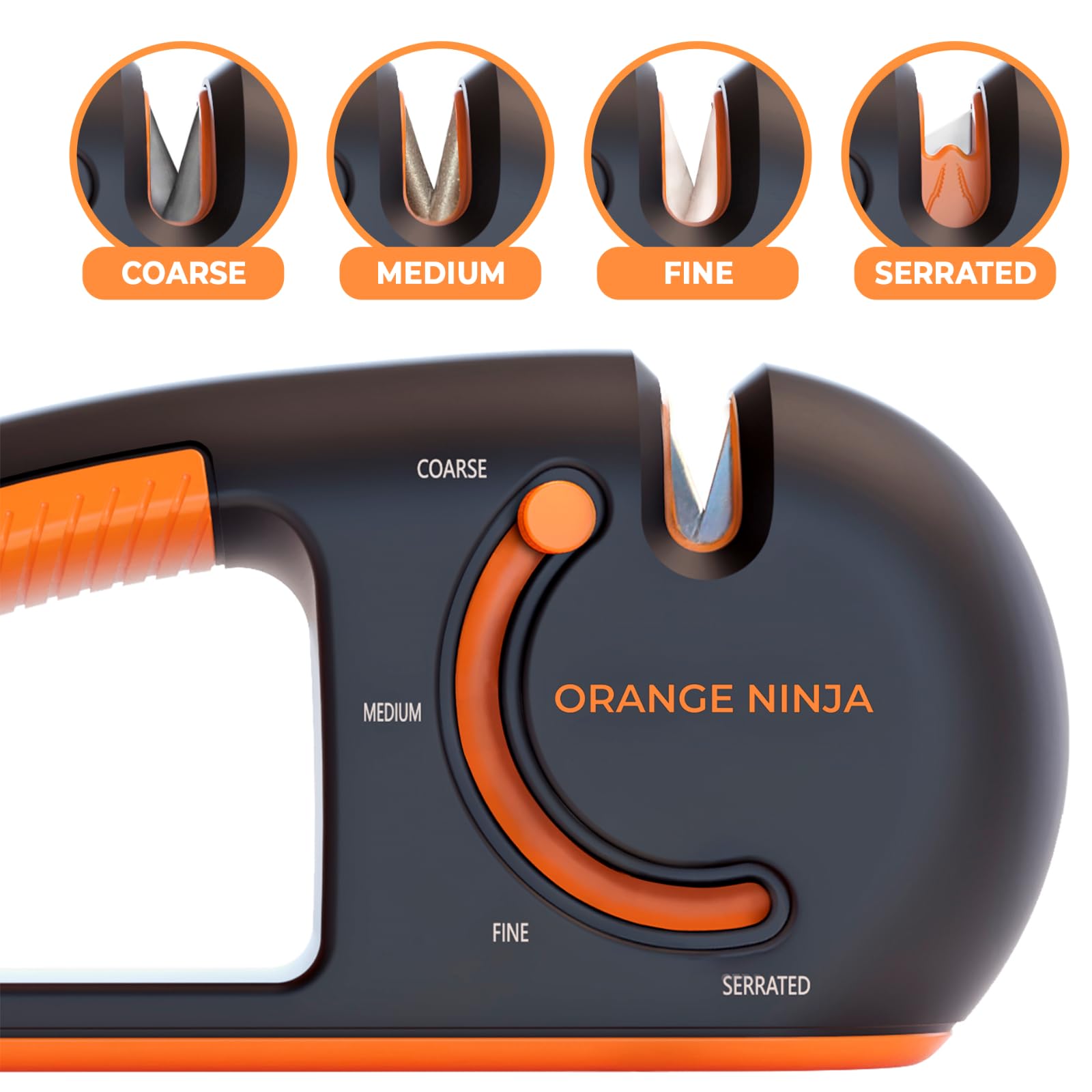 Orange Ninja 4-Stage Knife Sharpener & Serrated Knife Sharpener– Repairs, Sharpens & Polishes Blades with Ergonomic Non-Slip Grip by Sharp Pebble