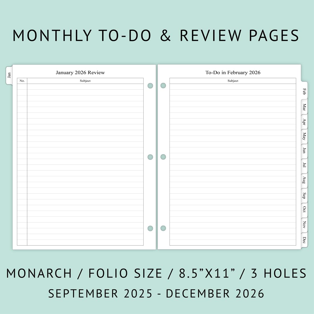 newestor 2025-2026 Monthly Planner Refill for 3 Ring Binder, Sep 2025 - Dec 2026, Two Pages Per Month, 8-1/2" x 11", Monarch/Folio Size 5