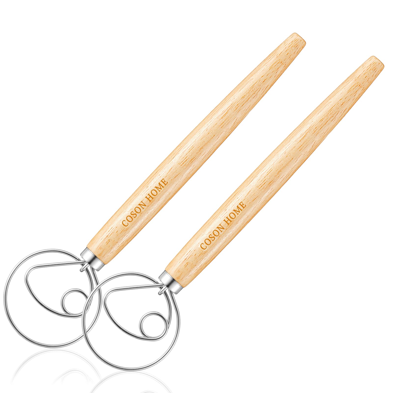 Pack of 2 Danish Dough Whisk Blender Dutch Bread Whisk Hook Wooden Hand Mixer Sourdough Baking Tools for Cake Bread Pizza Pastry Biscuits Tool Stainless Steel Ring 13.5 inches 0.22 lb/pcsÃ¢ÂÂ¦