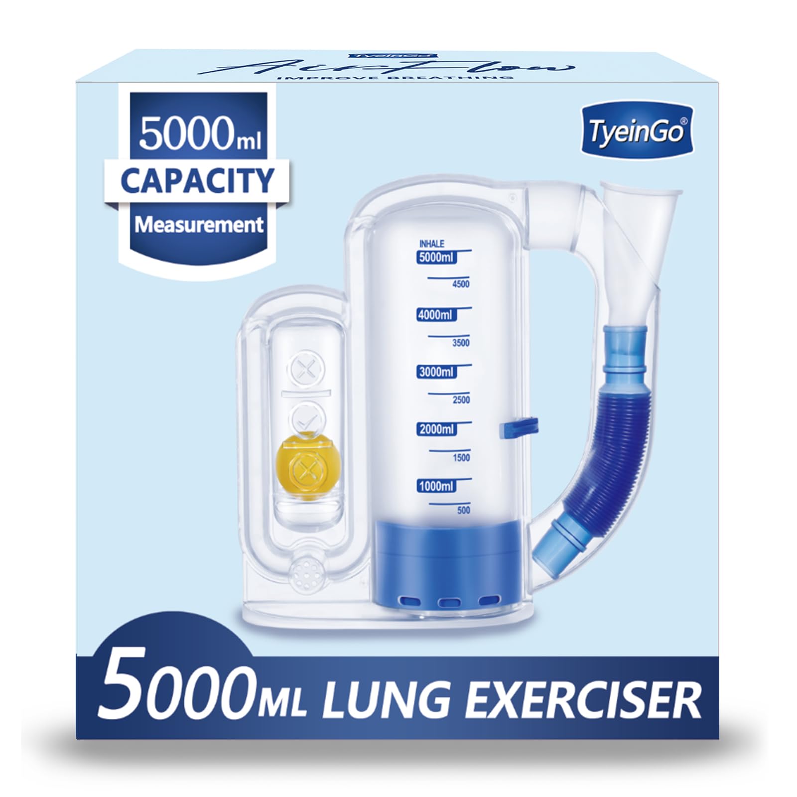 Incentive Spirometer Adult, Breathing Exercise Device for Lungs, Deep Breathing Trainer for Adults - 5000ml Volume Measurement with Flow Rate Indicator