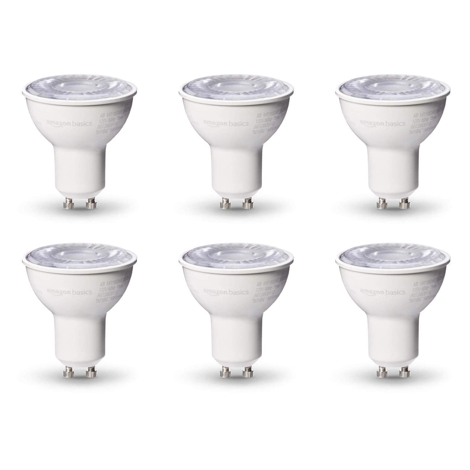 Amazon Basics MR16 LED Light Bulb, 50 Watt Equivalent, Energy Efficient 7W, GU10 Base, Warm White 3000K, Dimmable, 10,000 Hour Lifetime , 6-Pack