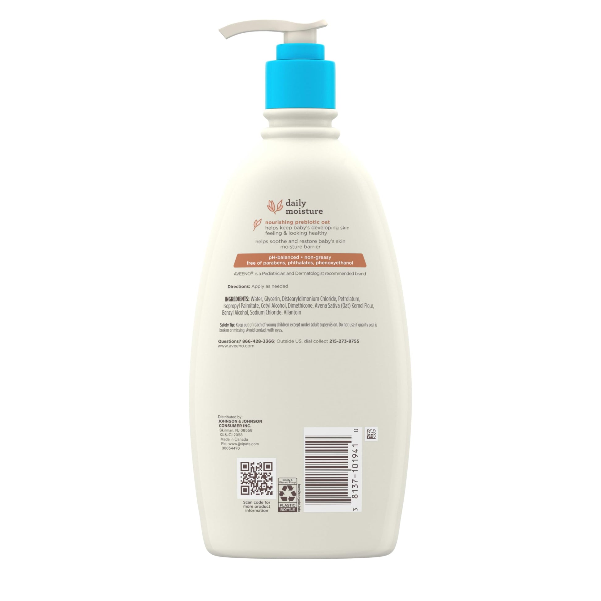 Aveeno Baby Daily Moisture Body Lotion for Sensitive Skin, Hypoallergenic Moisturizing Baby Lotion with Nourishing Oatmeal to Deeply Moisturize Baby's Skin, Fragrance-Free, 18 fl. oz