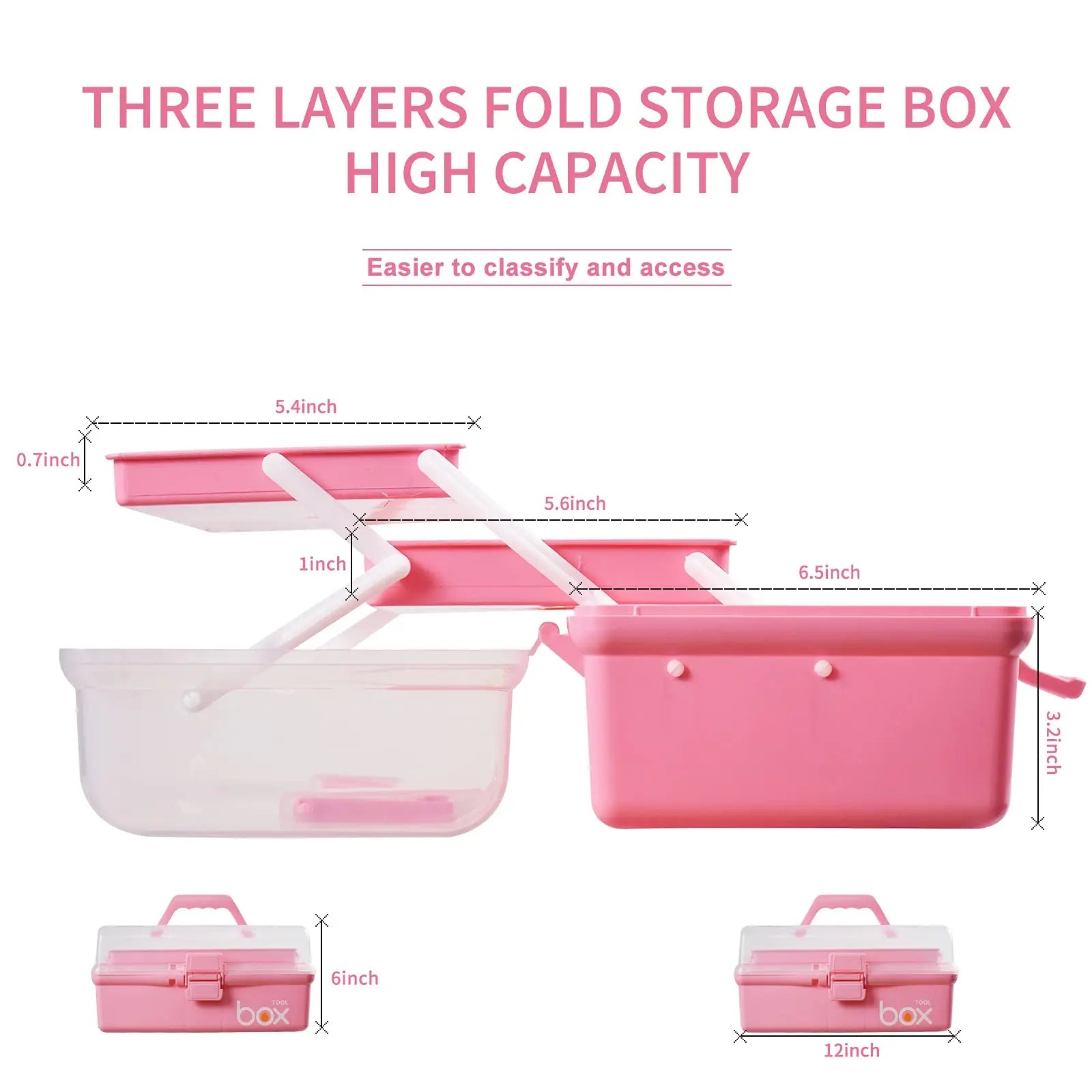 TERGOO 12in Three-Layer Multipurpose Storage Box Organizer Folding Tool Box/Art & Crafts Case/Sewing Supplies Organizer/Family First Aid organizer/Medicine Storage with 2 Trays (Pink)