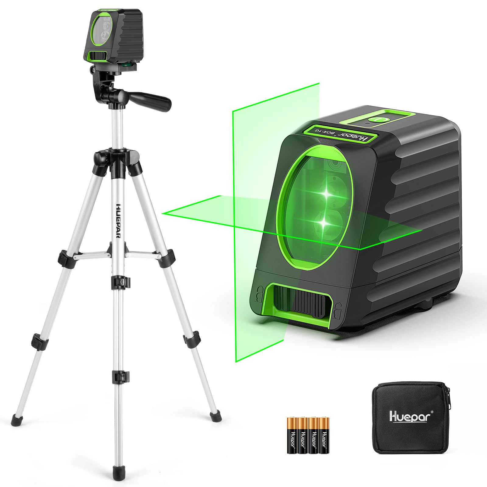 Laser Level with Tripod, Huepar 150Ft Self Leveling Lazer Level Outdoor Use, 150 degrees Vertical Green Cross Line Level Laser for Picture Hanging, Tile, Construction Project - Pulse Mode (25.6 in Tripod)
