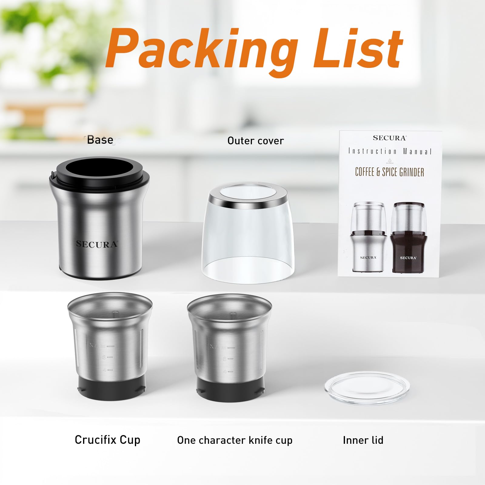 Secura Electric Coffee Grinder and Spice Grinder with 2 Stainless Steel Blades Removable Bowls