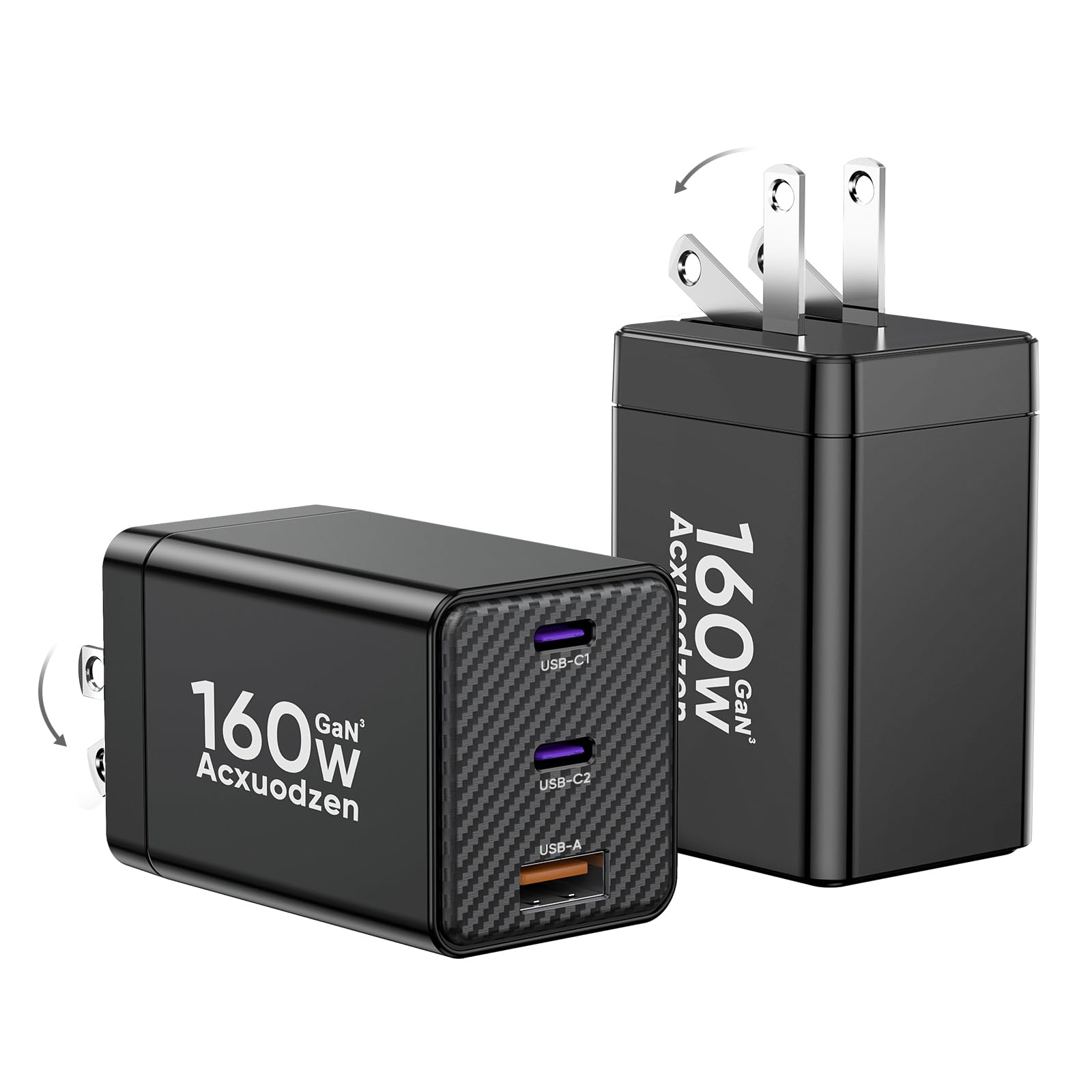 [2 Pack] USB C Charger Block 160W, 3-Port GaN Super Fast Charger, Dual 65W Type C Charging Block, Foldable QC3.0 Laptop Fast Charging Adapter for MacBook, iPhone, Samsung, Galaxy, iPad, Android, Black