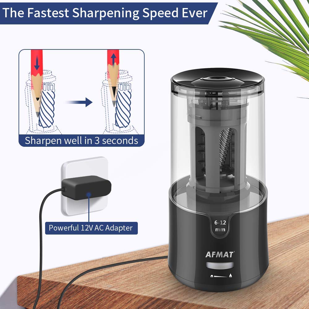 AFMAT Electric Pencil Sharpener, Pencil Sharpener for Colored Pencils, Auto Stop, Super Sharp & Fast, Electric Pencil Sharpener Plug in for 6-12mm No.2/Colored Pencils/Office/Home-Black