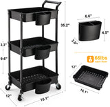 Hamone 3-Tier Utility Rolling Cart,Mobile Utility Cart with Lockable Caster Wheels,Storage Shelves Organizer Cart, 3 Hanging Baskets, Easy Assembly,for Bathroom, Kitchen, Office, Workshop,Black