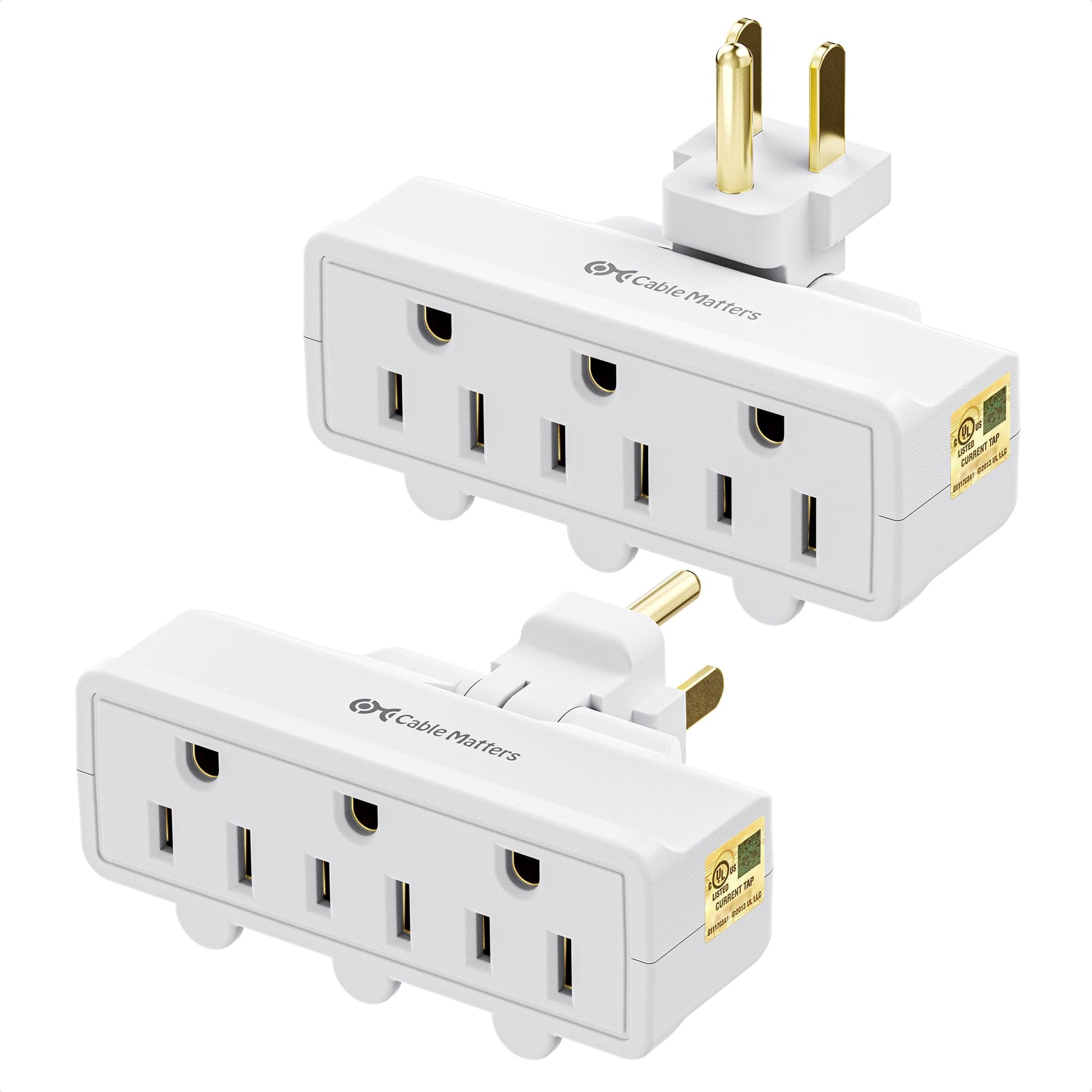 [UL Listed] Cable Matters 2-Pack 3 Outlet Grounded 180 Degree Swivel Wall Tap in White, (Swivel Outlet, 3 Plug Outlet Adapter, Multi Plug Outlet, Outlet Extender)