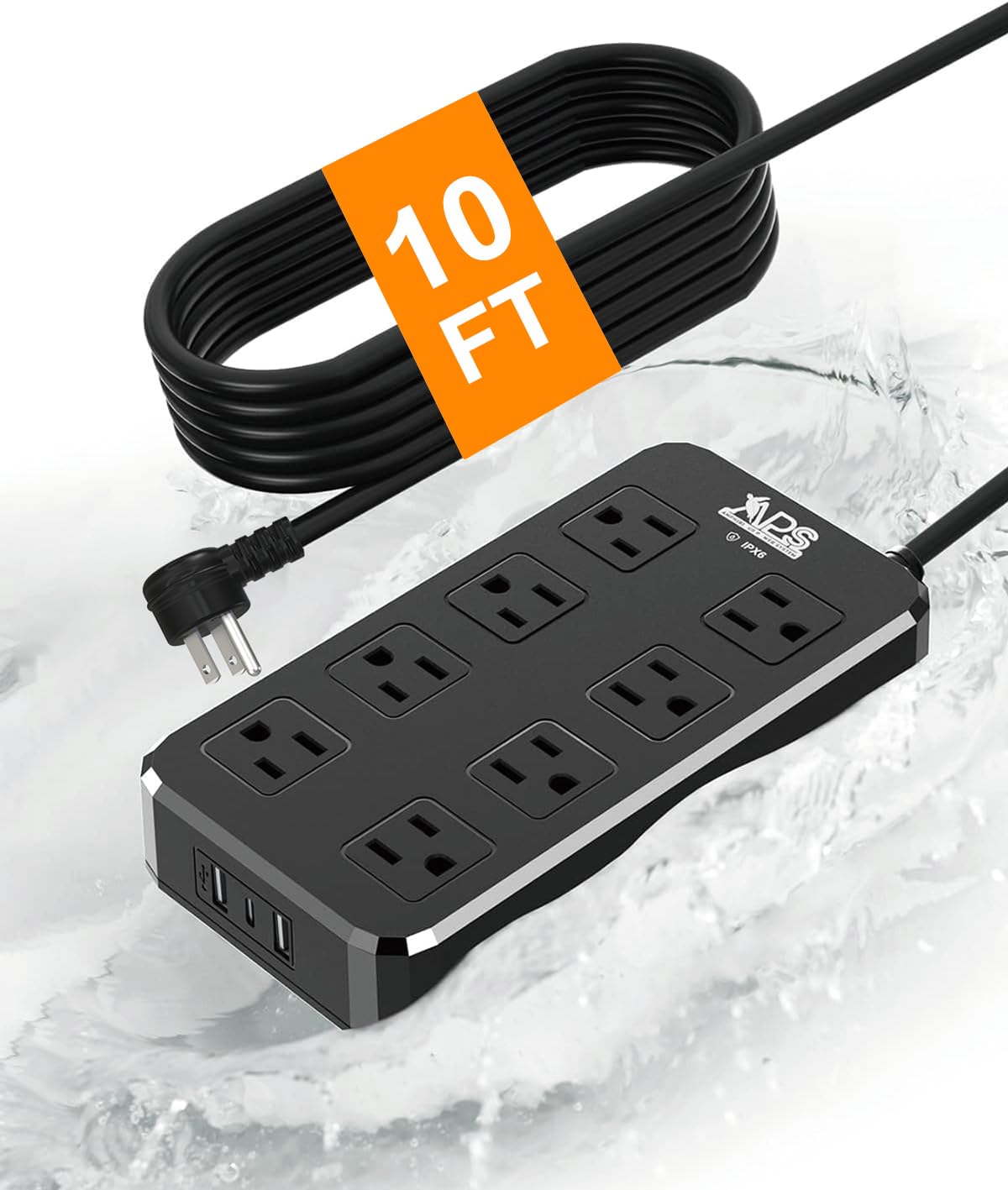 IPX6 Outdoor Power Strip Weatherproof, Waterproof Surge Protector with 6 Wide Outlet with 3 USB Ports, 6FT Long Extension Cord, Wall Mountable for Outside Decorations and More UL Listed(Black)