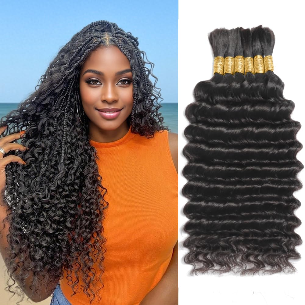 Menschliches Flechthaar für Boho Braids 150g 6 Bündel/Packung 20 Zoll Deep Wave Bundles Echthaar Lockiges Boho Haar zum Flechten 12A Bulk Flechthaar Nass und Gewellt Naturfarbe