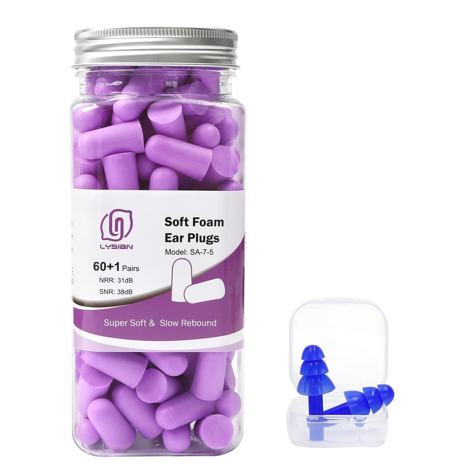 LYSIAN Ultra Soft Foam Earplugs Sleep, Noise Cancelling Ear Plugs for Sleeping, Shooting,Travel and Work-38dB SNR 31dB NRR Sound Blocking-60 Pairs Pack (Lake Blue)