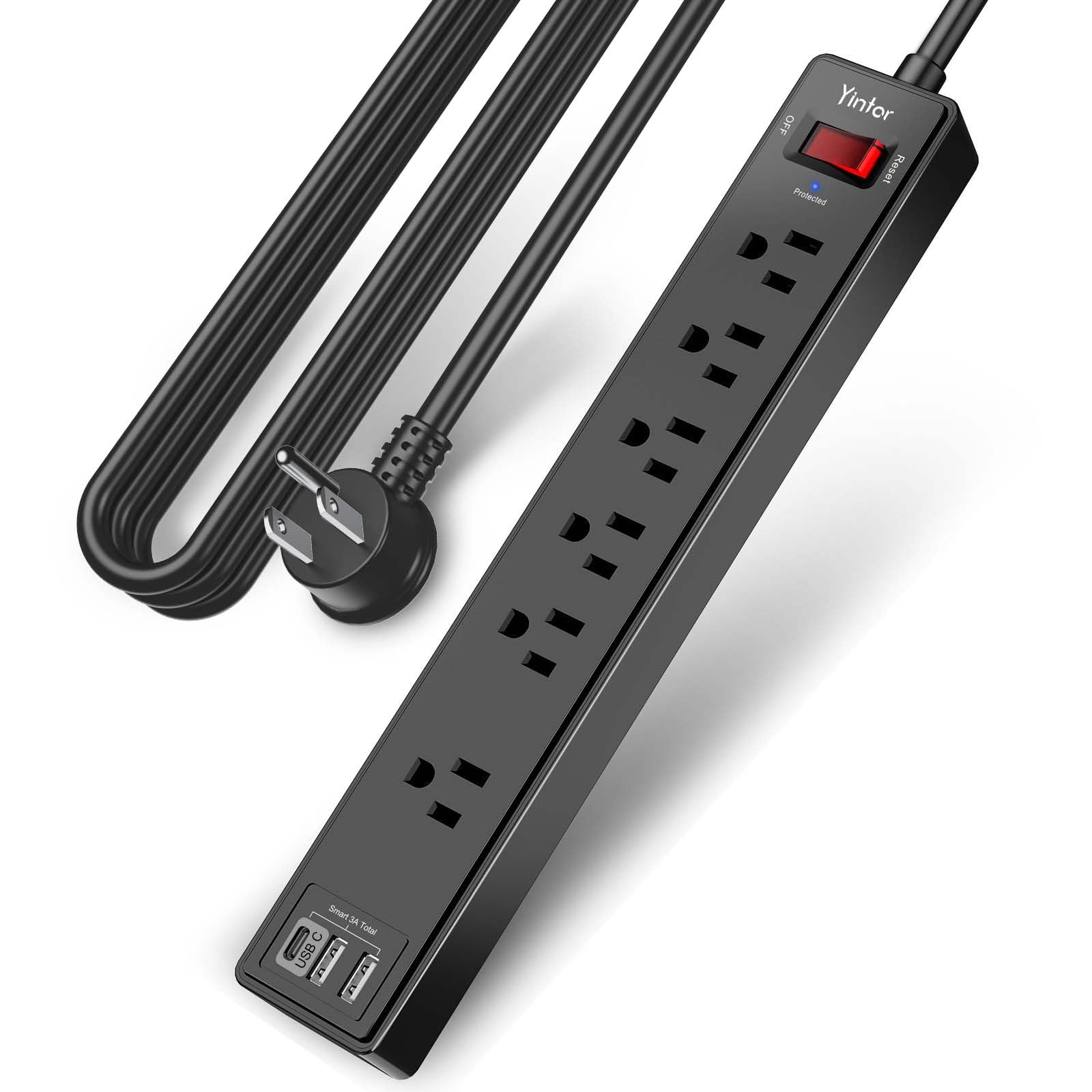 6 Ft Power Strip Surge Protector - Yintar Extension Cord with 6 AC Outlets and 3 USB Ports for Home, Office, Dorm Essentials, 1680 Joules, ETL Listed, Black