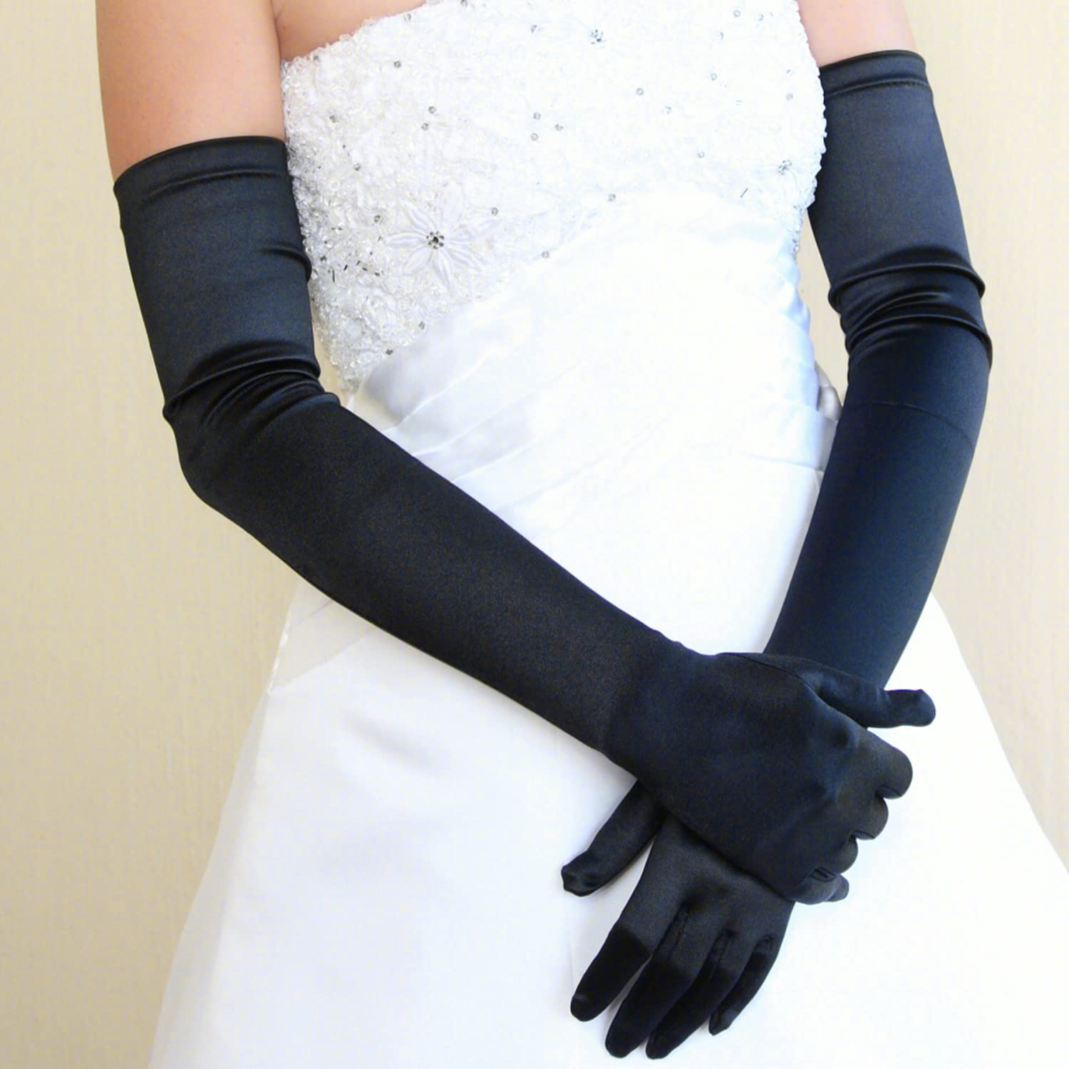 SAVITA Long Elbow Satin Gloves 21 inch Stretchy 1920s Opera Gloves Evening Party Dance for Women Black