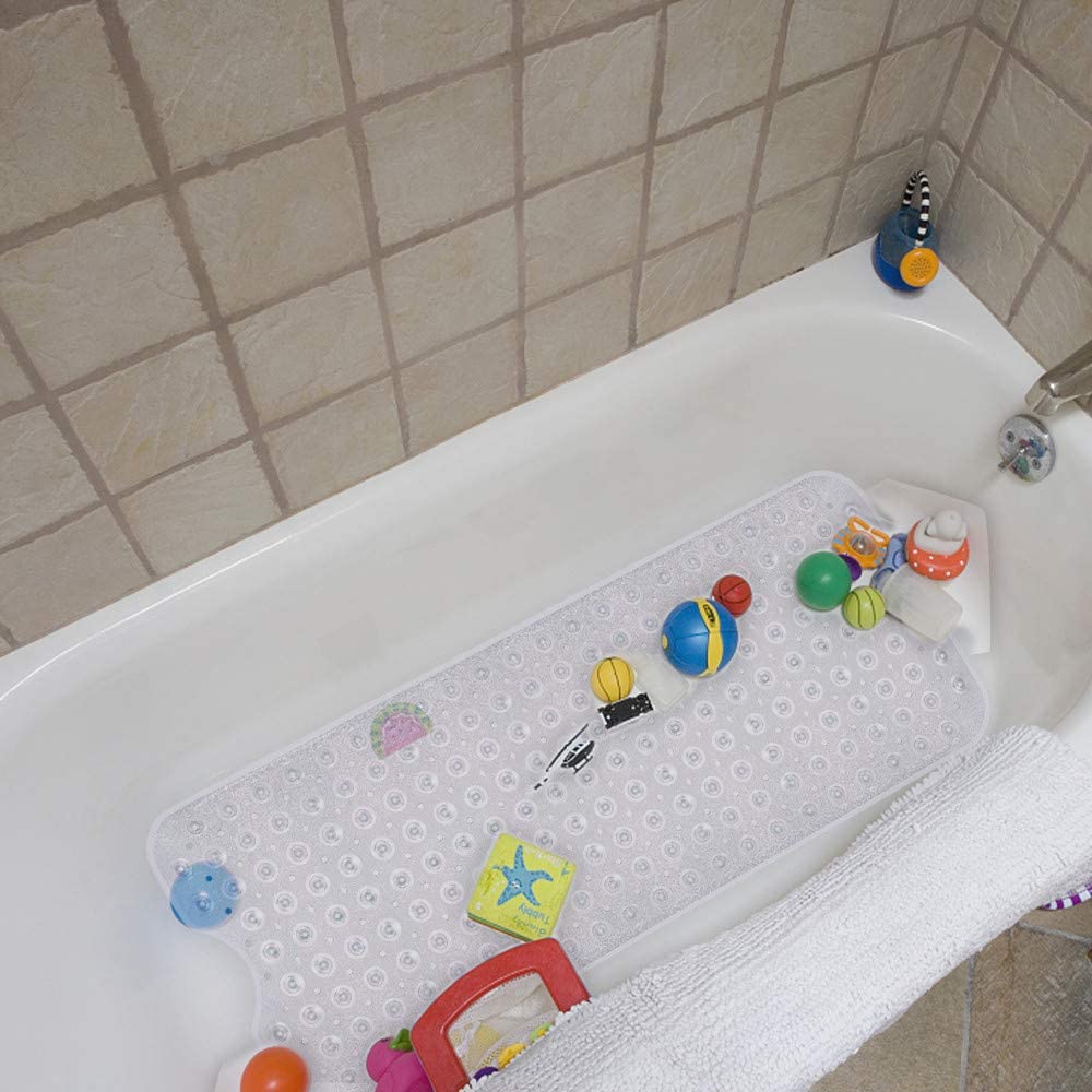 YINENN Bath and Shower Safety Mats 40x16 inch, Non Slip with Suction Cups for Bathroom Stall and Tub Floor, Extra Large and Machine Washable, Drain Holes Keep Bathtub Clean, Clear
