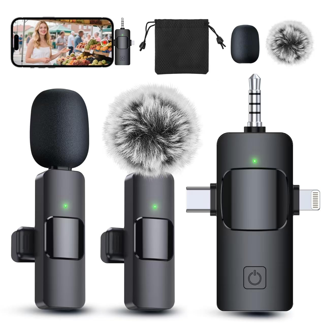 PQRQP 3 in 1 Professional Wireless Lavalier Microphone for iPhone, Android, Camera, Wireless Microphones, Mini Microphone, Crystal Clear Sound Quality for Recording, Live Streaming, YouTube, TikTok