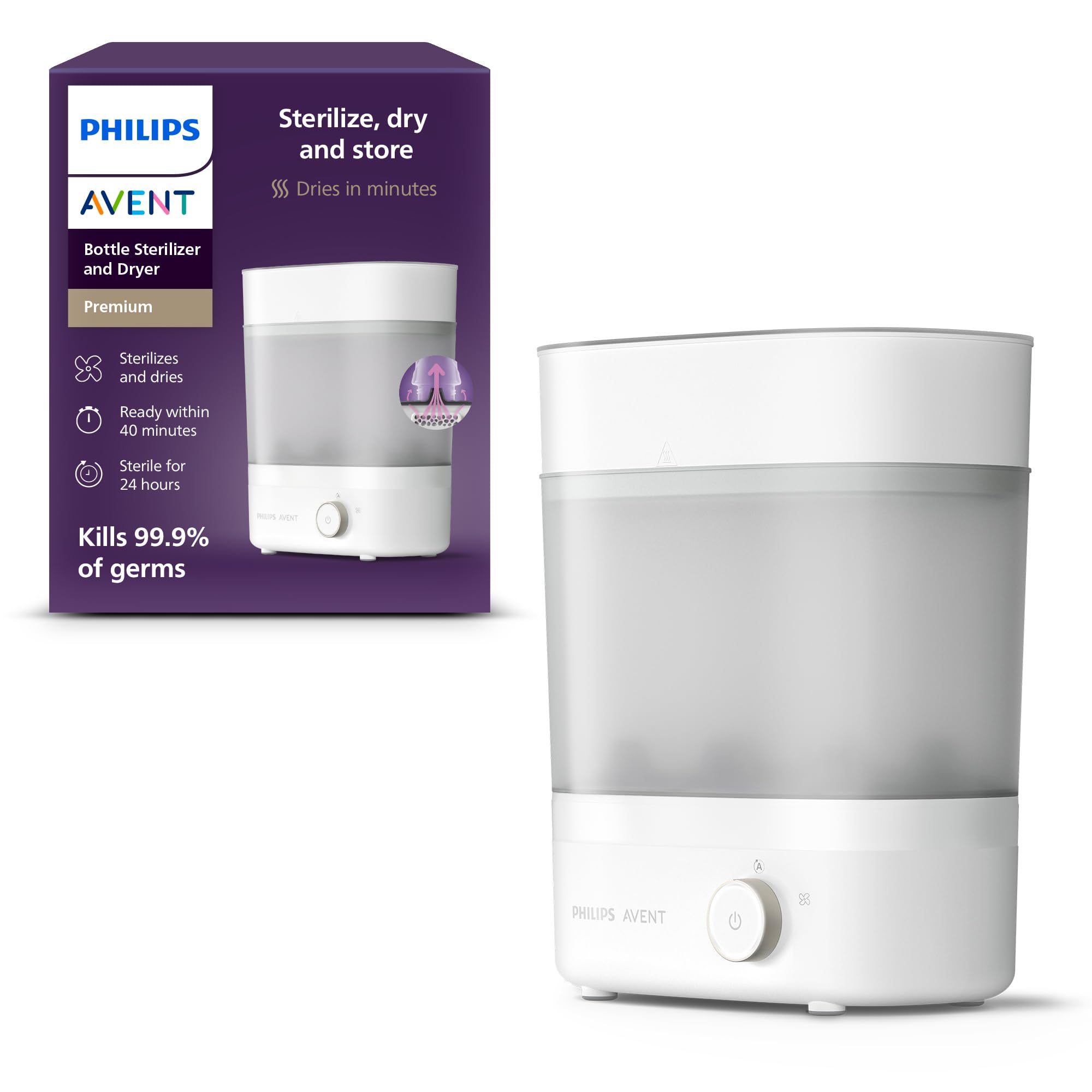 Philips Avent Baby Bottle Sterilizer and Dryer Premium, Removes 99,9% of Bacteria, Chemicals Free, Capacity 6 Bottles/Teats/Accessories, Modular Space Saving Design, Model SCF293