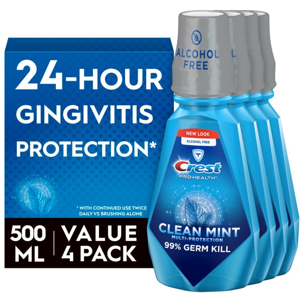Crest Pro-Health Clean Mint Mouthwash, CPC Antigingivitis/Antiplaque Mouthwash, 500 mL (16.9 Fl Oz ), Pack of 4, Crest Mouthwash, Gingivitis Treatment