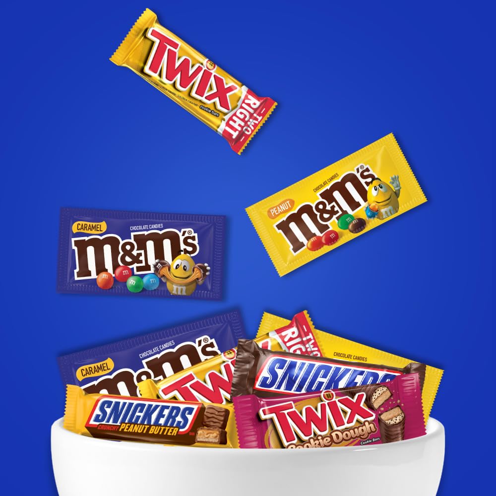 Mars M&M'S Peanut, M&M'S Caramel, SNICKERS Original, SNICKERS Peanut Butter Squared, TWIX Original and TWIX Cookie Dough Variety Pack Full Size Individually Wrapped Milk Chocolate Candy Bars, 18 Ct