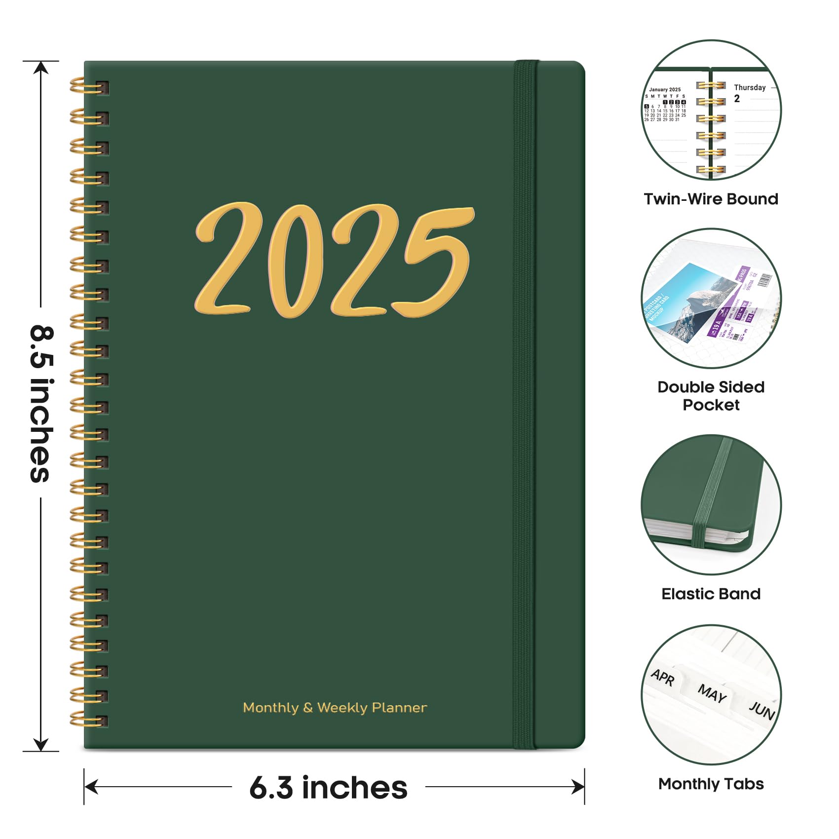 2025 Planner, Weekly and Monthly Planner Spiral Bound, Jan 2025 - Dec 2025, Hardcover 2025 Calendar Planner Book with Tabs, Inner Pocket, Perfect for Office Home School Supplies - A5 (6.3" x 8.5"), Green