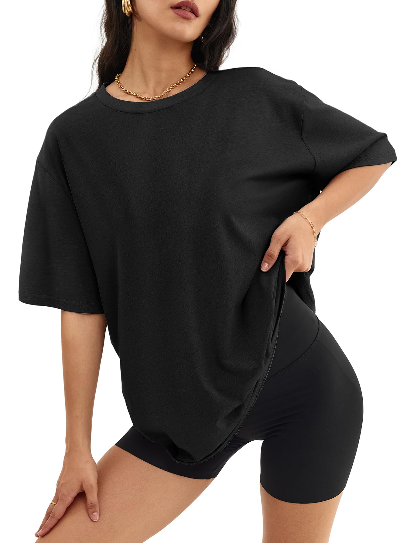 ATHMILE Womens Oversized T Shirts Loose Fit Crewneck Short Sleeve Tops Summer Casual Blouse Y2K 2025 Basic Tee Beach Black