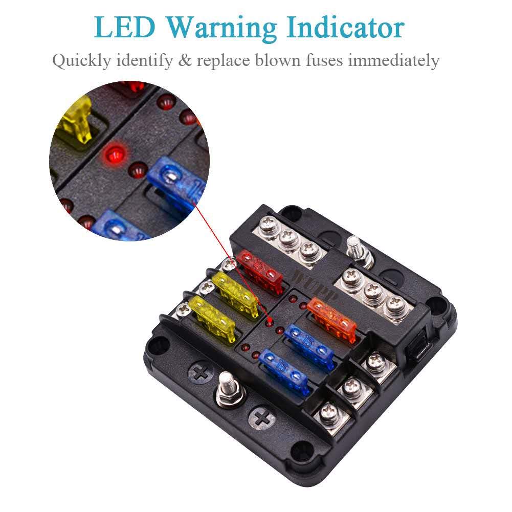 WUPP 12 Volt Fuse Block, Waterproof Boat Fuse Panel with LED Warning Indicator Damp-Proof Cover, 6 Circuits with Negative Bus Fuse Box for Car Marine RV Truck DC 12-24V