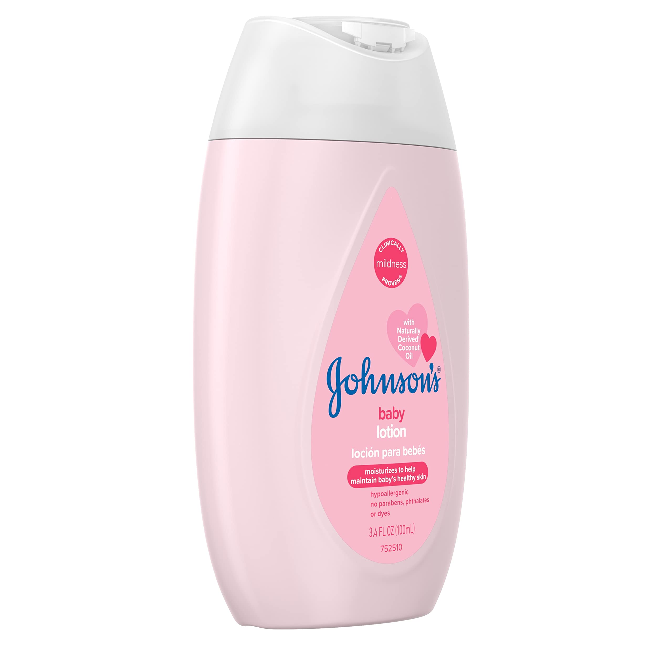 Johnson's Moisturizing Mild Pink Baby Lotion with Coconut Oil for Delicate Baby Skin, Paraben-, Phthalate- & Dye-Free, Hypoallergenic & Dermatologist-Tested, Baby Skin Care, 3.4 Fl. Oz