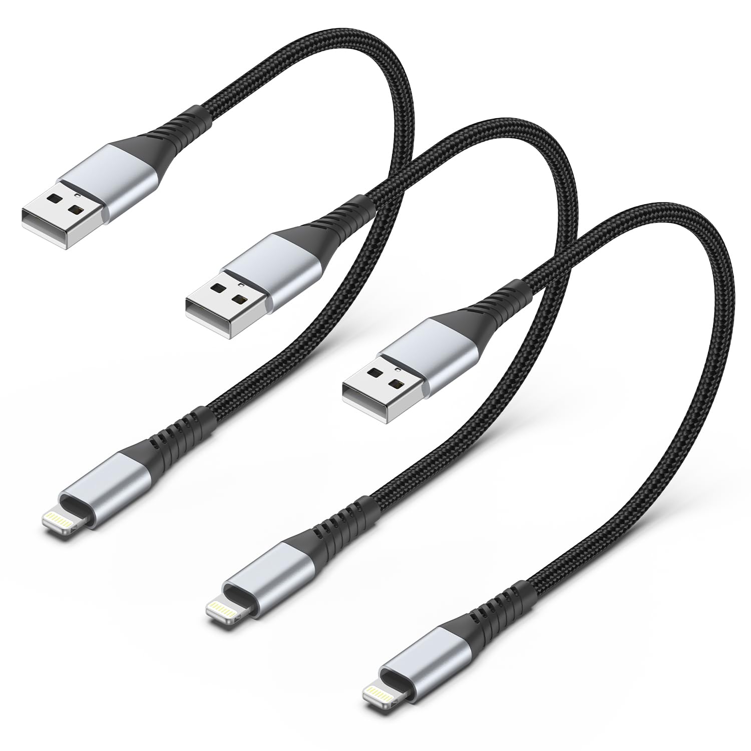 1FT Short iPhone Charging Cable, 3 Pack USB to Lightning Cable 1 Foot iPhone Charger Cord Fast Charging Braided for Apple iPhone 14 13 12 11 Pro Max Mini 10 8 7 Plus XR XS MAX SE iPad Air Mini (Black)