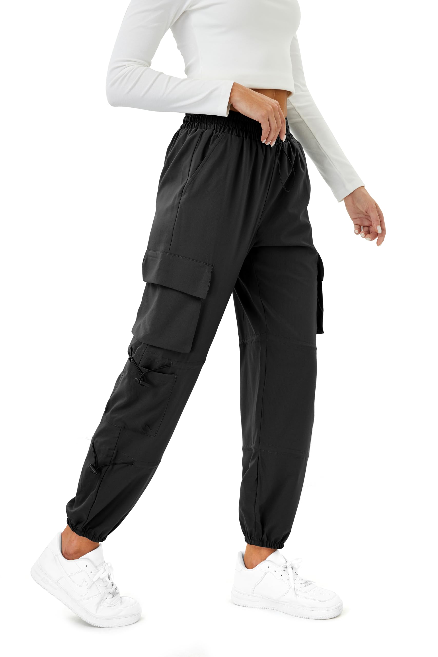 COPYLEAF Womens Parachute Cargo Pants with Pockets Quick Dry Hiking Pants Lightweight Water-Resistant Baggy Joggers(Black L)