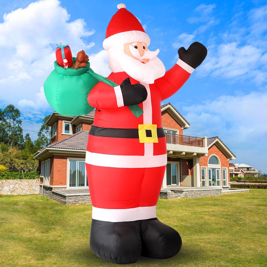 12FT Giant Christmas Inflatables Outdoor Decorations - LED Lighted Blow Up Santa Claus with Gift for Yard, Garden & Lawn - Inflatable Santa with Rotating Lights for Holiday Xmas Party Decor
