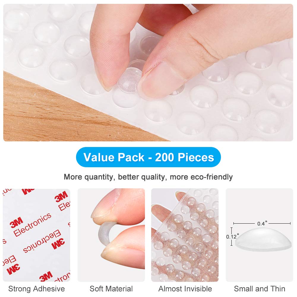 200PCS Cabinet Bumpers Clear Rubber Bumpers Self Adhesive, Soft Close Cabinet Door Bumper Dots, Sound Dampening Cupboard Door Bumpers Pads for Kitchen Drawers, Picture Frames, Furniture