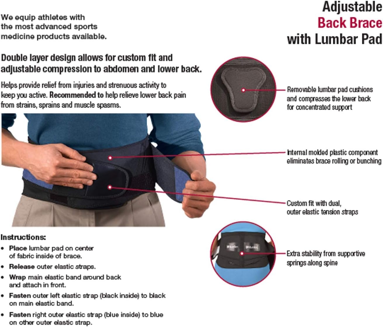 MUELLER Sports Medicine Lumbar Back Brace with Removable Pad, Ideal for Upper and Lower Back Pain, Relief & Support for Men and Women, Strains, Sciatica, Scoliosis, Black, Regular Size