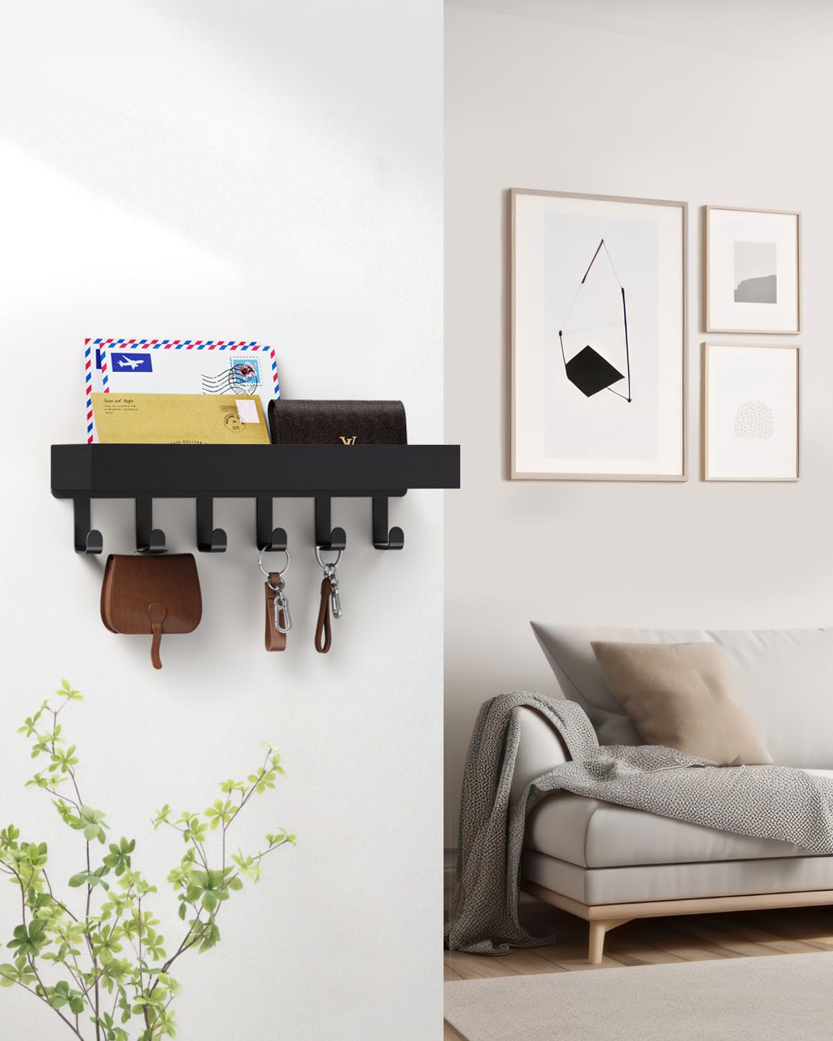 Key Holder Wall Mount Adhesive Magnetic - Hanging Key Hooks with Mail Organizer Tray for Wallet House Accessories - Keys Hanger Rack with Shelf for Camper Entryway Door Home Living Room Decor Black