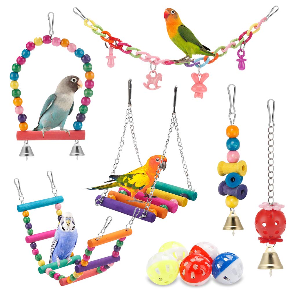Schaukel Hängende Stehende Kauspielzeug Hängematte Kletterleiter, bunte Käfigspielzeuge für Wellensittich, Sittich, Conure, Nymphensittich, Mynah, Liebesvögel, Finken