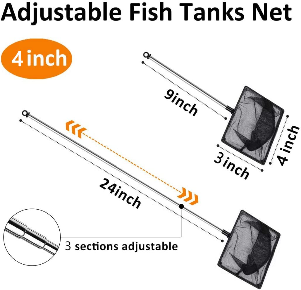 Grepol-V Fish Net for Fish Tank, Fine Mesh Aquarium Net with 9-24 Inch Stainless Steel Long Handle, Extendable Fishing Tank Net for Fish Shrimp Tank, Pond, Creek (4 inch)