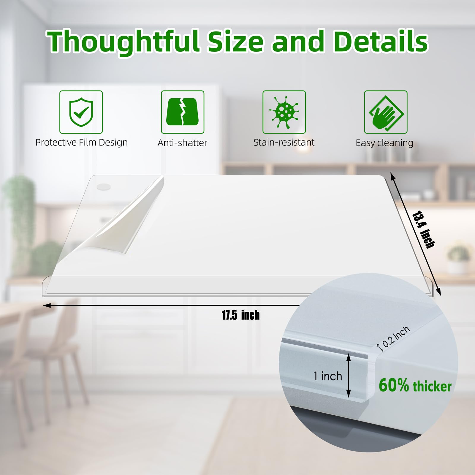 SWSKR Acrylic Cutting Board with Counter Lip,17.5"x13.5" Clear Cutting Board for Kitchen Countertop,Non-Slip,60% Thicker,Perfect for Bread,Meat,Veggies & More,Great Kitchen Essential Gadgets & Decor