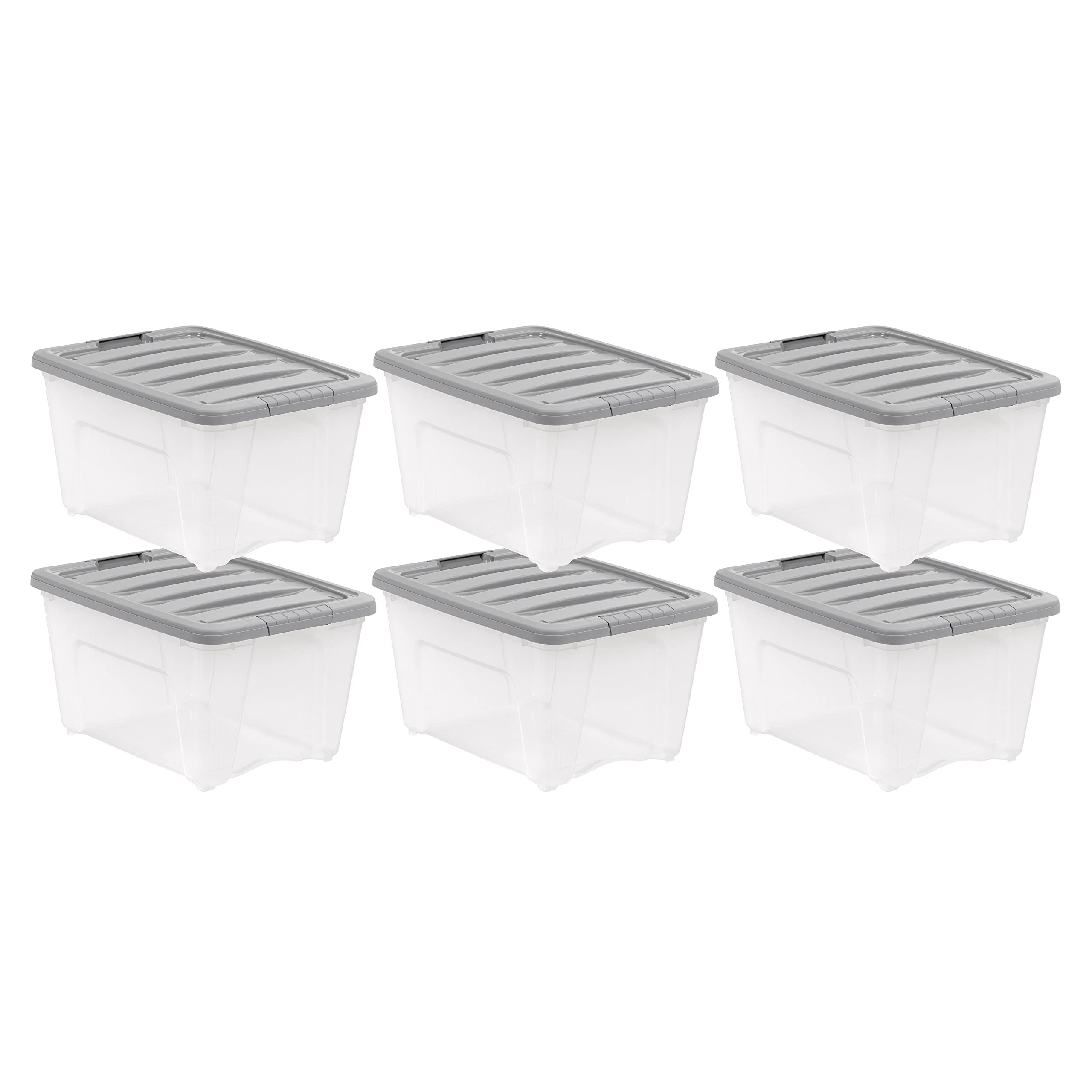 Amazon Basics Plastic Storage Containers with Secure Latching Lids, Stackable Organization Bins, 32 Quart, Set of 6, Clear/Grey