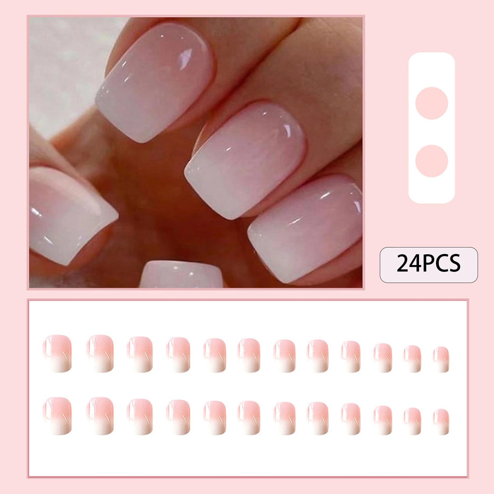 WAFOLOZE Nails Press ons,White Ombre Short Square Press on Nails Fake Nails Glossy Acrylic Artificial Nails Stick on Nails for Women 24Pc