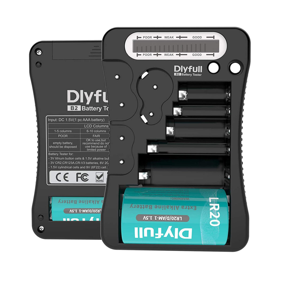 جهاز فحص البطارية، جهاز فحص البطارية الشامل Dlyfull مع شاشة LCD لبطاريات AA AAA C D 9V CR2032 CR123A CR2 CRV3 2CR5 CRP2 1.5V/3V وبطاريات الخلايا الزرية، يتضمن بطارية AAA واحدة