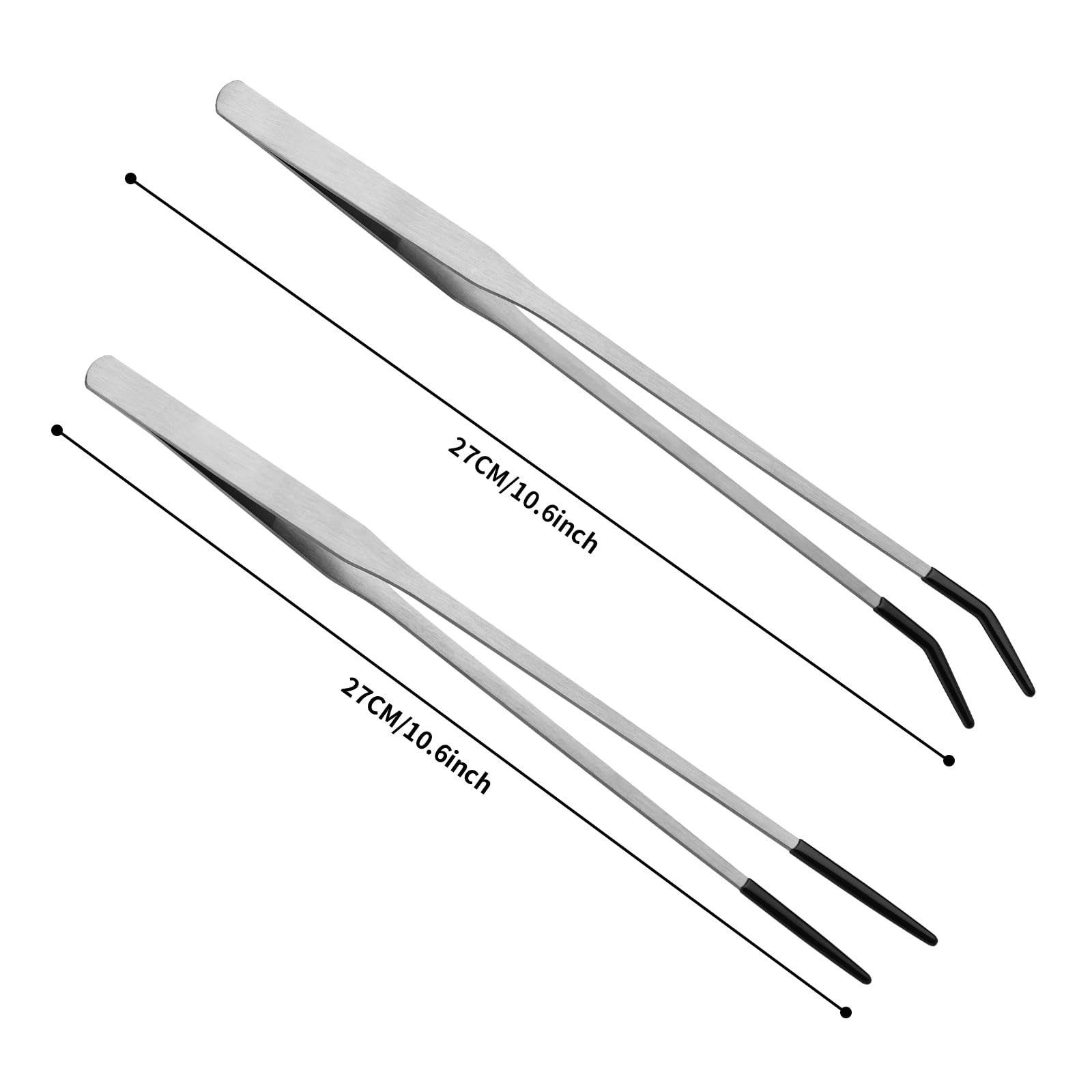 Novery 2PCS Stainless Steel Reptile Feeding Tongs with Rubber Tip, 10.6” Straight & Curved Long Tweezers for Aquarium or Craft, Bearded Dragon Tank Snakes Enclosure Accessories, Terrarium Supplies