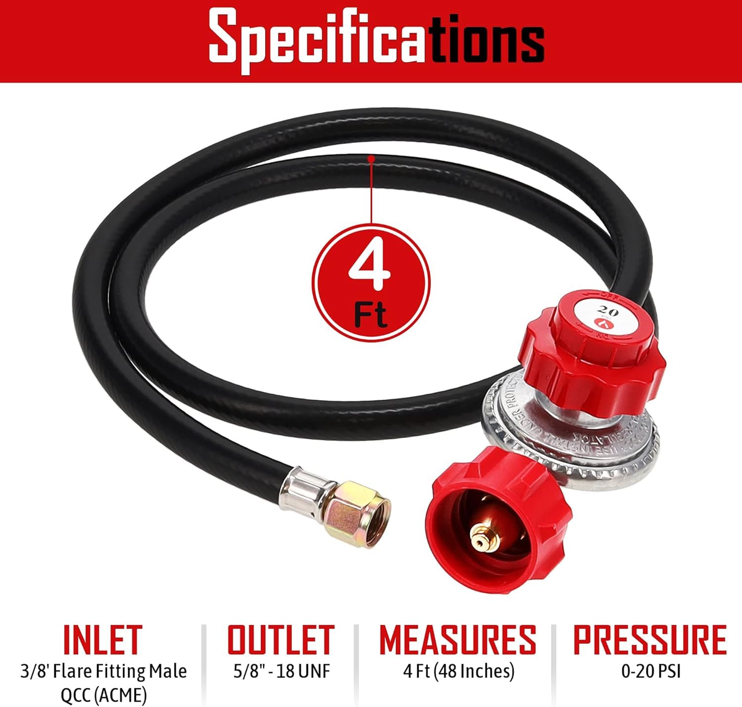GasOne 2109-RED 4 ft High Pressure 0-20 PSI Adjustable Regulator with Red QCC-1 Type Hose-Works with Newer U.S. Propane Tanks